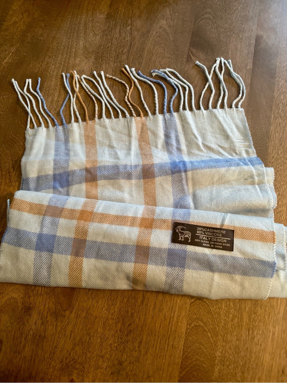 Cashmere Blend Italian Design Light Blue Striped Fringed Unisex Scarf, 12” x 68”